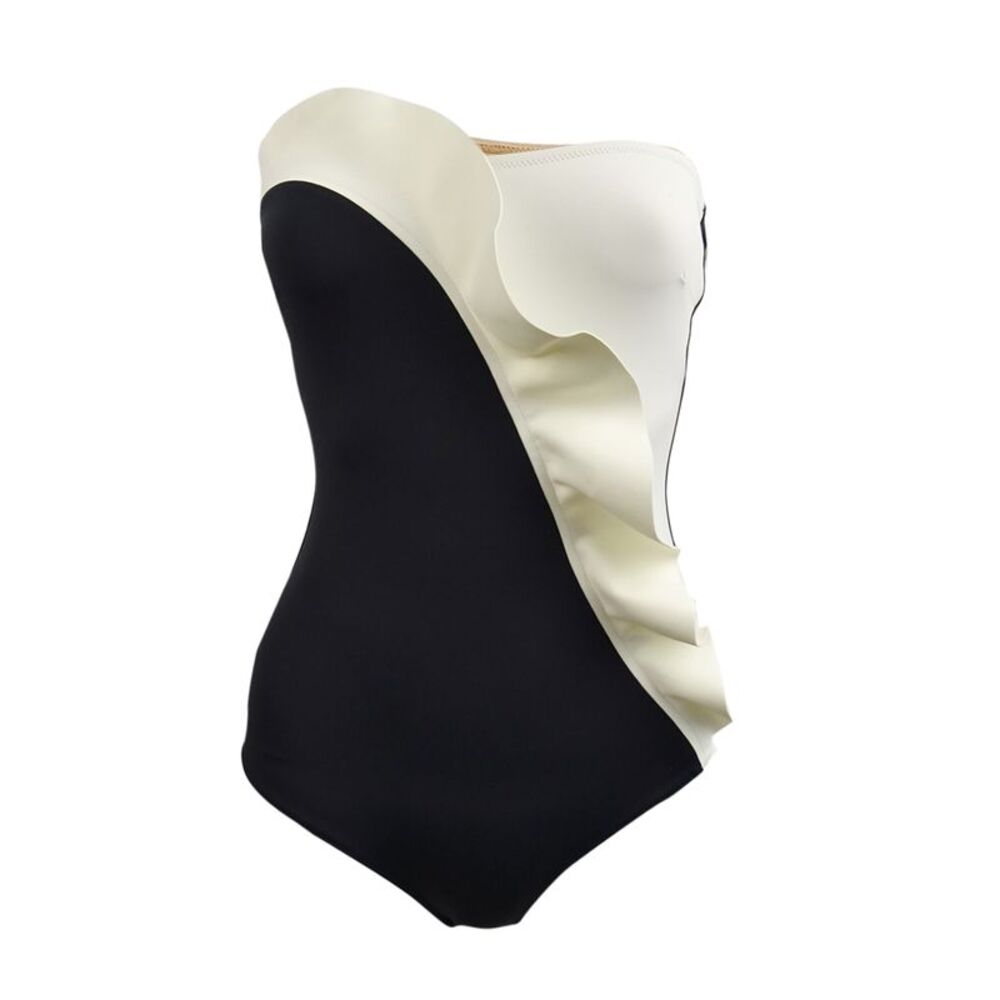 Evarae Women's Pavana Ruffle Bandeau One Piece Swimsuit (2, Black/Cream)